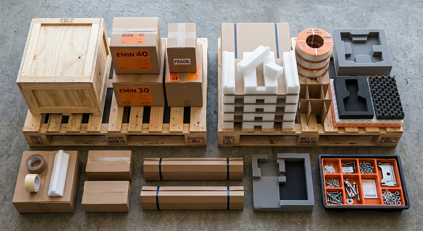 Línea completa de productos EMIN: tarimas certificadas HT, cajas de cartón, esquineros, separadores, foam perfilado, fleje y kitting de sub-ensamble